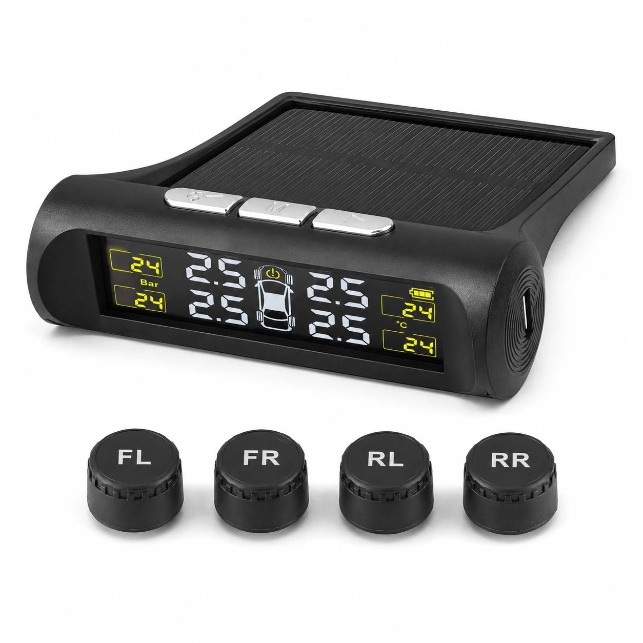 TPMS solaire avec 4 capteurs sur fond blanc | جهاز مراقبة ضغط العجلات مع 4 حساسات بخلفية بيضاء