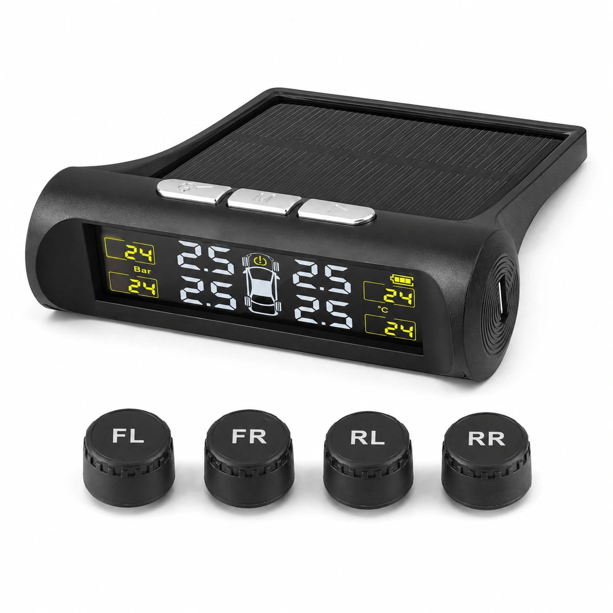 TPMS solaire avec 4 capteurs sur fond blanc | جهاز مراقبة ضغط العجلات مع 4 حساسات بخلفية بيضاء